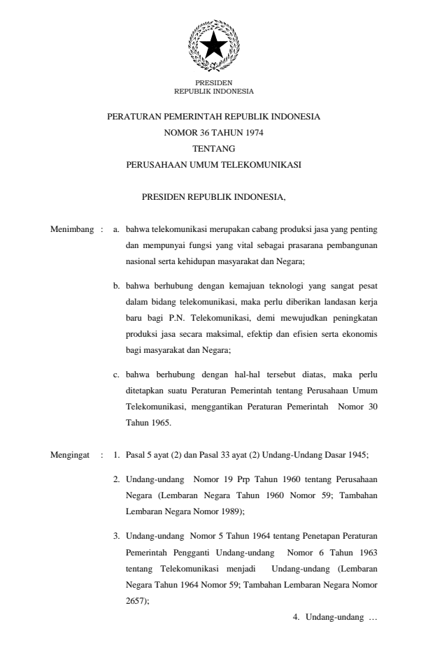 Peraturan Pemerintah Nomor 36 Tahun 1974