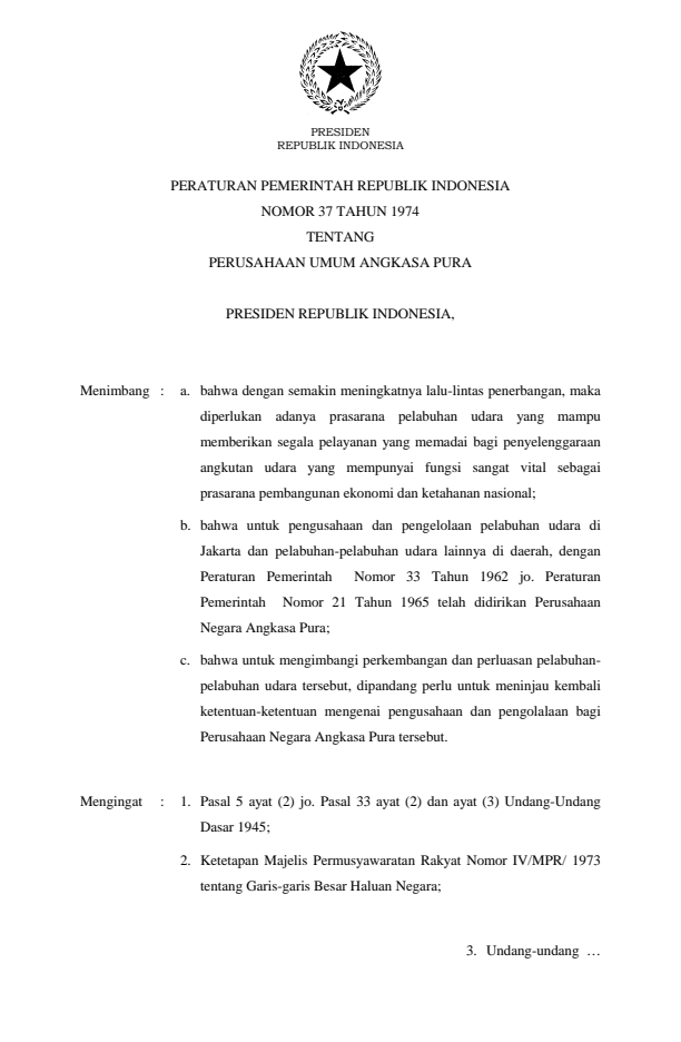 Peraturan Pemerintah Nomor 37 Tahun 1974