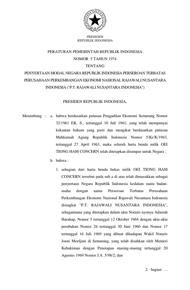 Peraturan Pemerintah Nomor 5 Tahun 1974