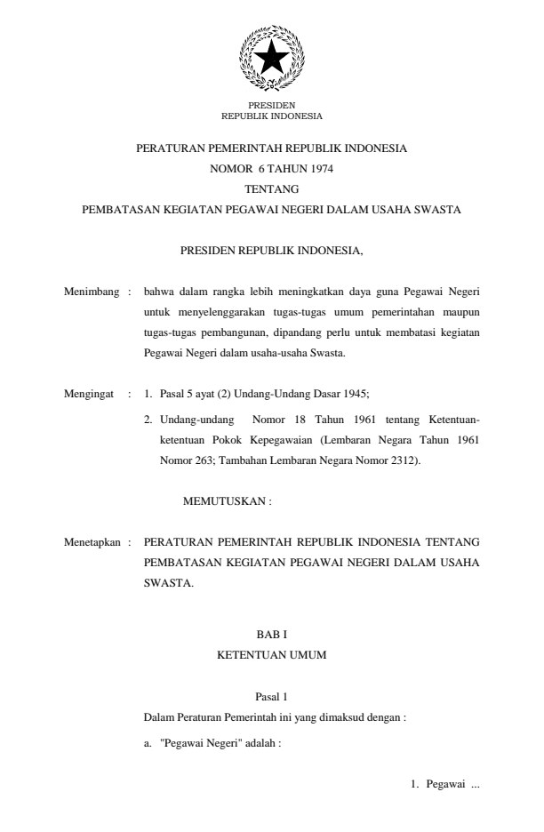 Peraturan Pemerintah Nomor 6 Tahun 1974