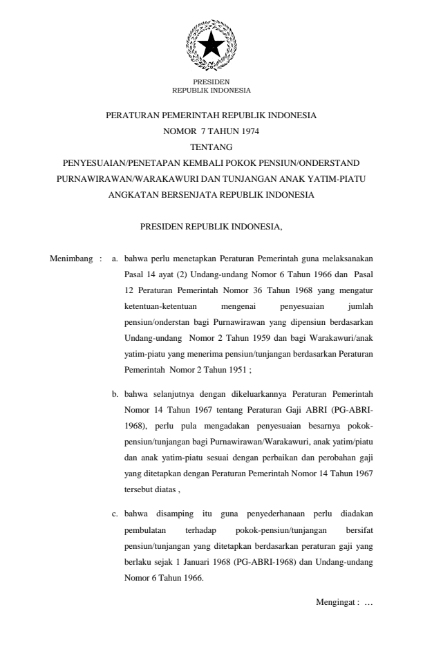 Peraturan Pemerintah Nomor 7 Tahun 1974