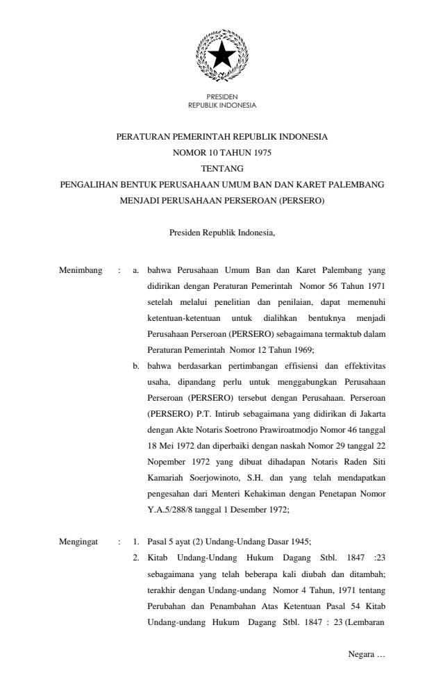 Peraturan Pemerintah Nomor 10 Tahun 1975