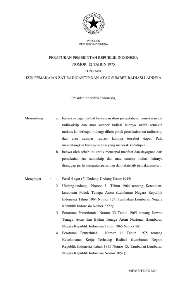 Peraturan Pemerintah Nomor 12 Tahun 1975