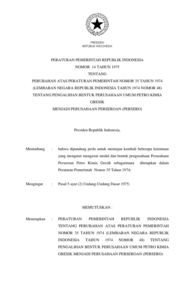 Peraturan Pemerintah Nomor 14 Tahun 1975