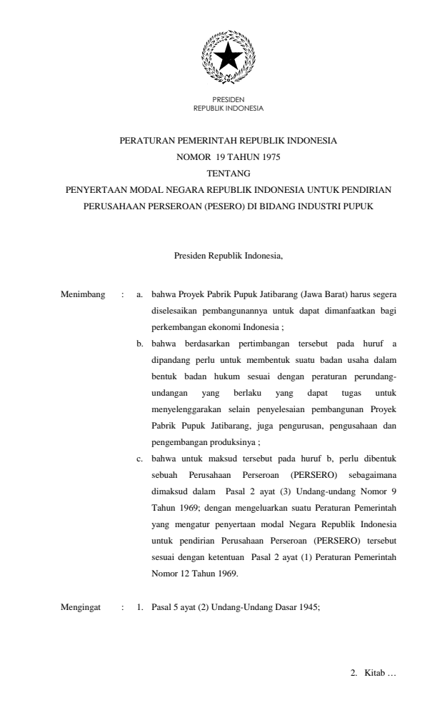 Peraturan Pemerintah Nomor 19 Tahun 1975