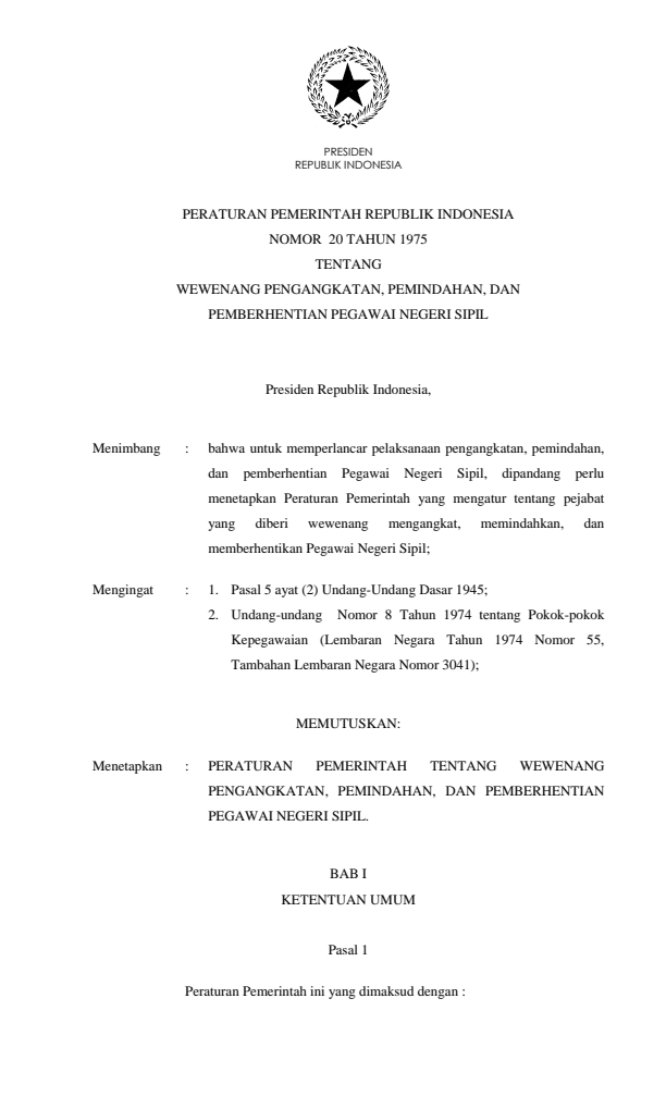 Peraturan Pemerintah Nomor 20 Tahun 1975