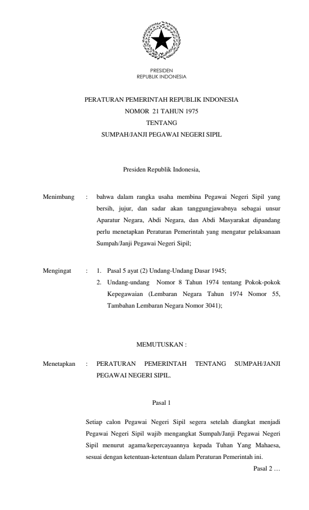 Peraturan Pemerintah Nomor 21 Tahun 1975