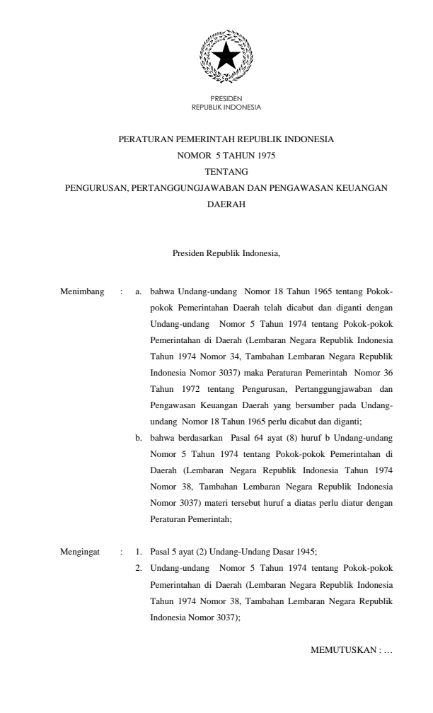 Peraturan Pemerintah Nomor 5 Tahun 1975