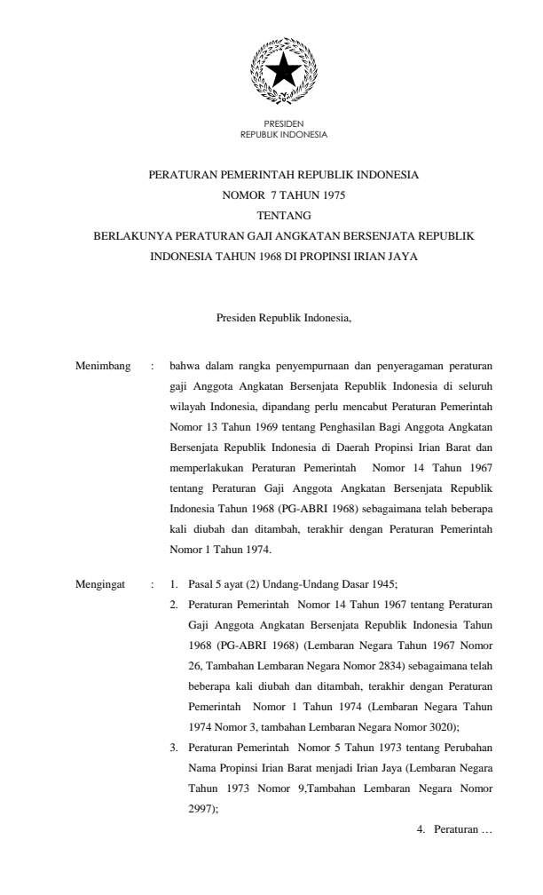 Peraturan Pemerintah Nomor 7 Tahun 1975