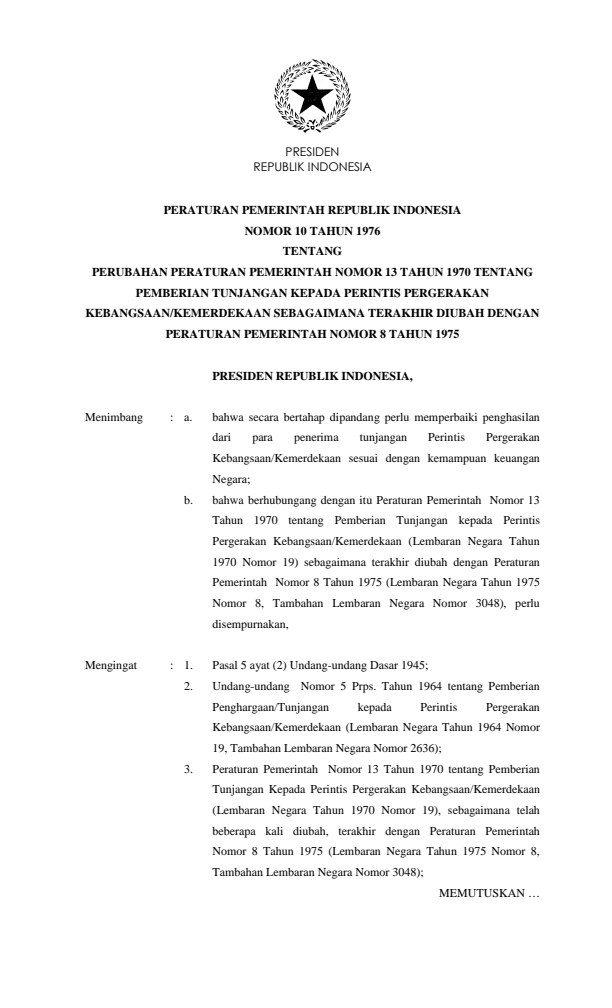 Peraturan Pemerintah Nomor 10 Tahun 1976