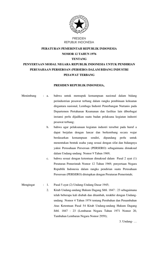 Peraturan Pemerintah Nomor 12 Tahun 1976