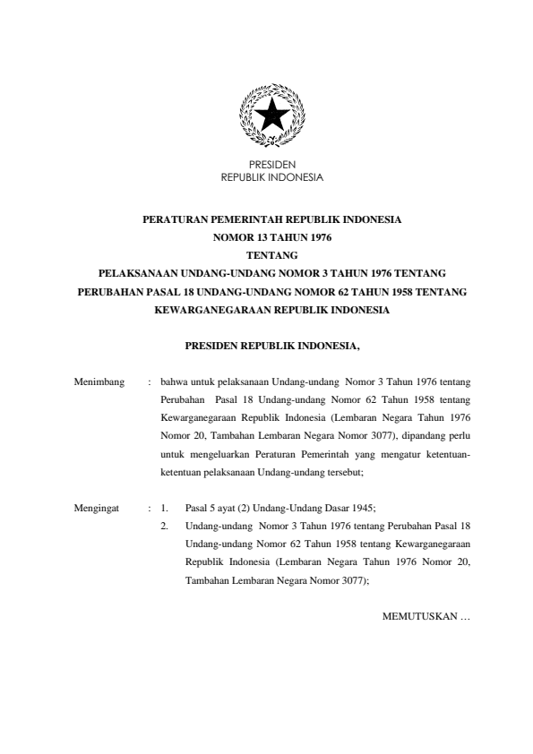 Peraturan Pemerintah Nomor 13 Tahun 1976