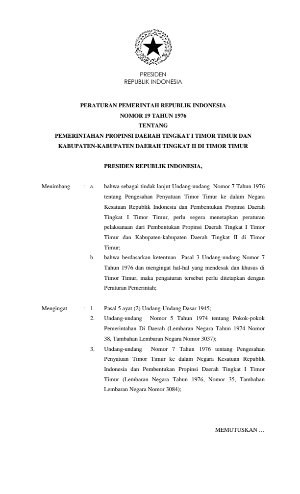 Peraturan Pemerintah Nomor 19 Tahun 1976