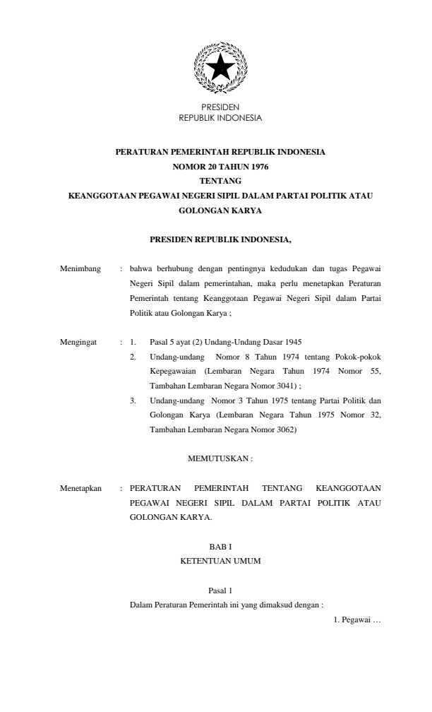 Peraturan Pemerintah Nomor 20 Tahun 1976