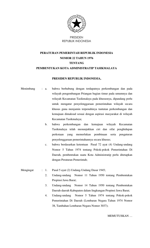 Peraturan Pemerintah Nomor 22 Tahun 1976