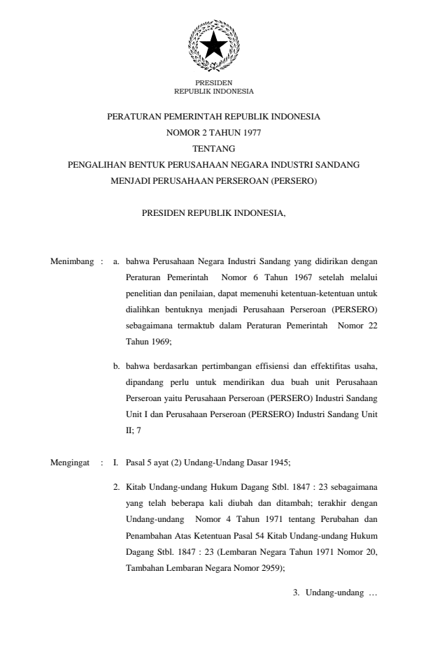 Peraturan Pemerintah Nomor 2 Tahun 1977