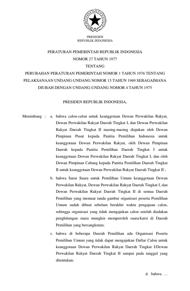 Peraturan Pemerintah Nomor 27 Tahun 1977