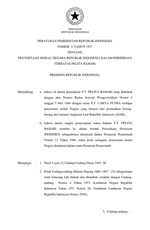 Peraturan Pemerintah Nomor 3 Tahun 1977