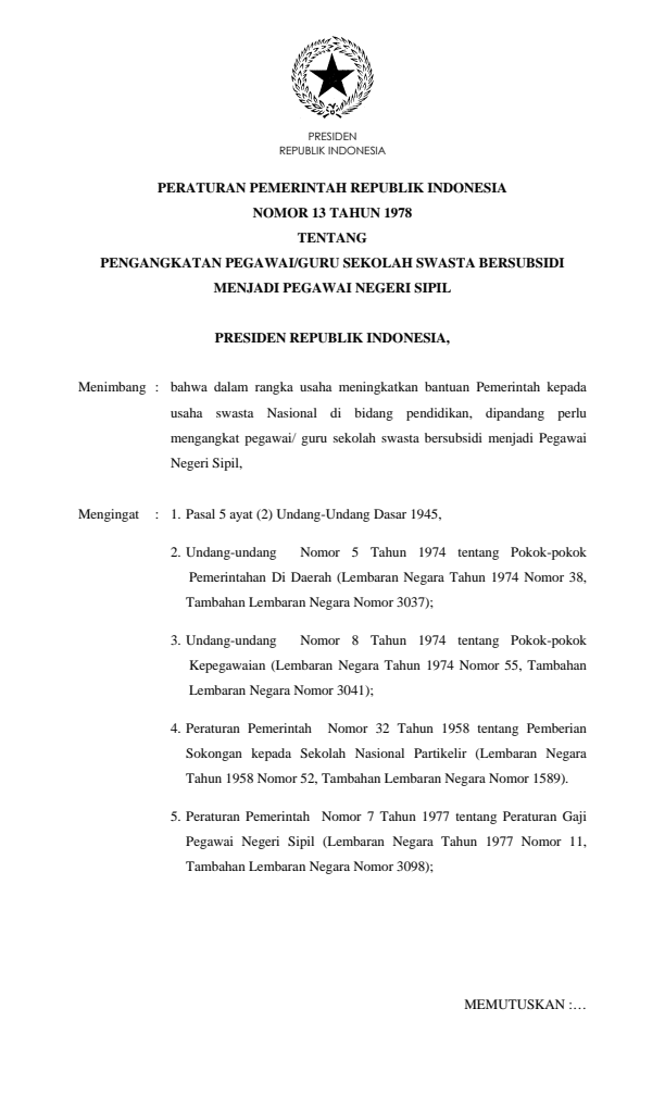 Peraturan Pemerintah Nomor 13 Tahun 1978