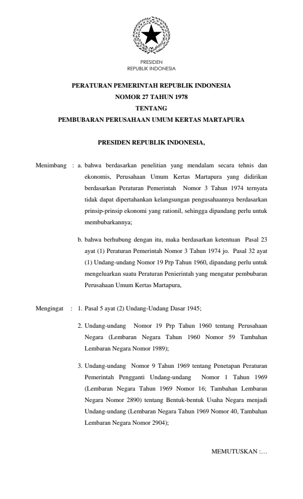 Peraturan Pemerintah Nomor 27 Tahun 1978