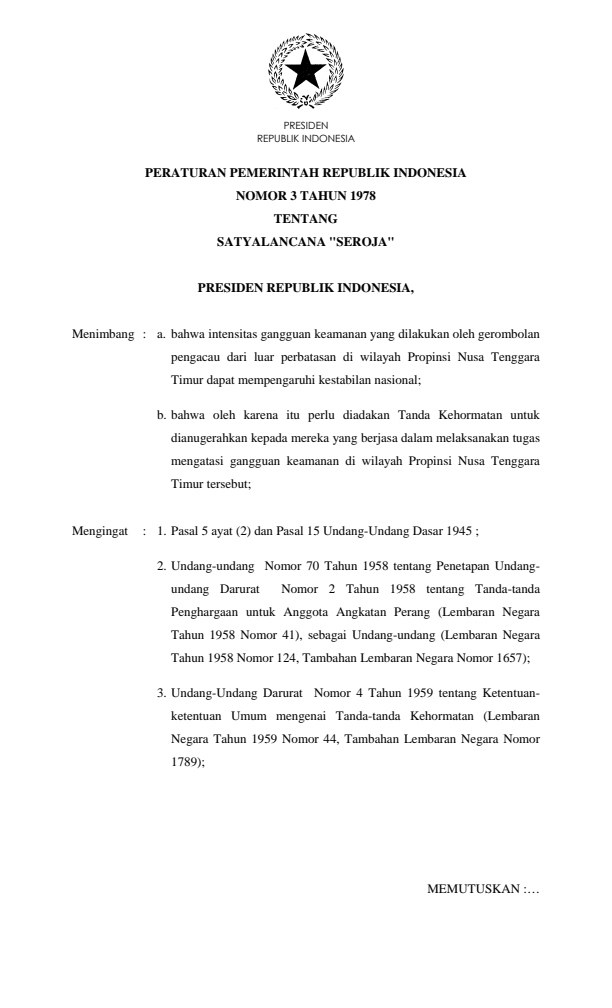 Peraturan Pemerintah Nomor 3 Tahun 1978