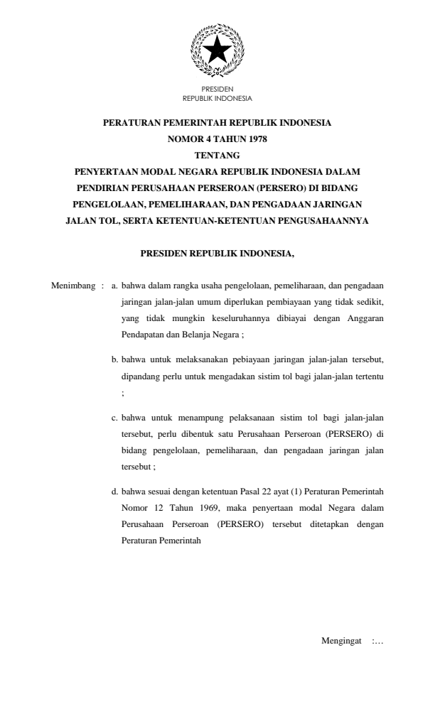 Peraturan Pemerintah Nomor 4 Tahun 1978