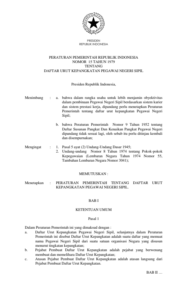 Peraturan Pemerintah Nomor 15 Tahun 1979