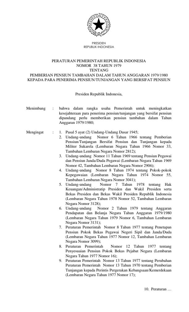 Peraturan Pemerintah Nomor 38 Tahun 1979