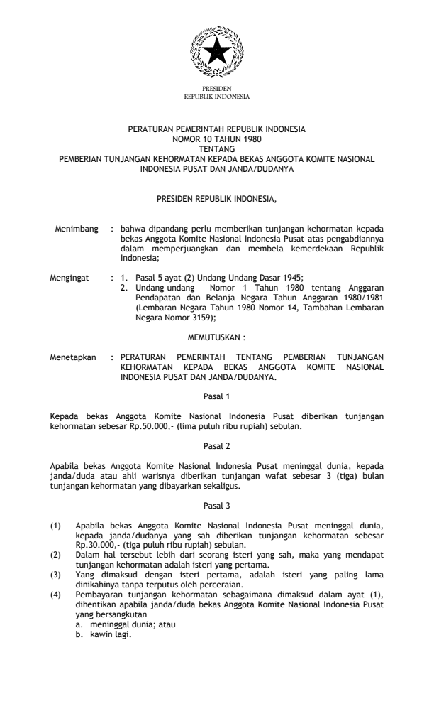 Peraturan Pemerintah Nomor 10 Tahun 1980