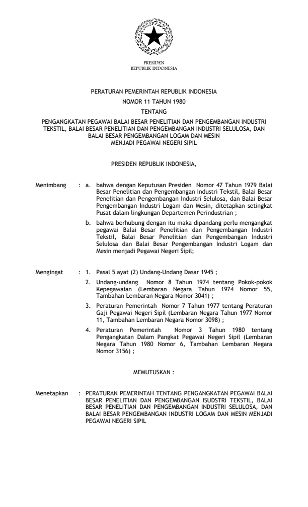 Peraturan Pemerintah Nomor 11 Tahun 1980