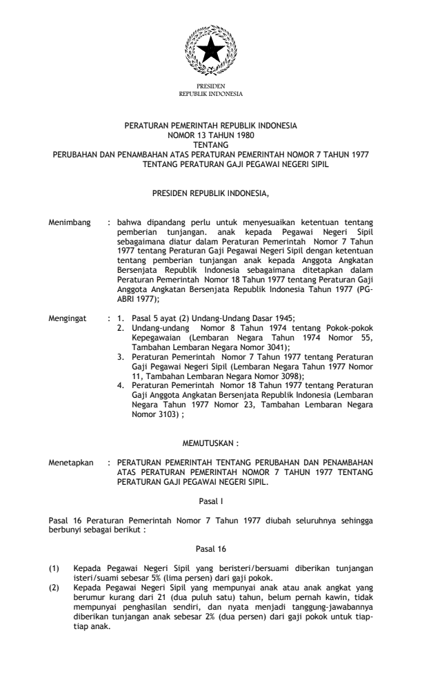 Peraturan Pemerintah Nomor 13 Tahun 1980