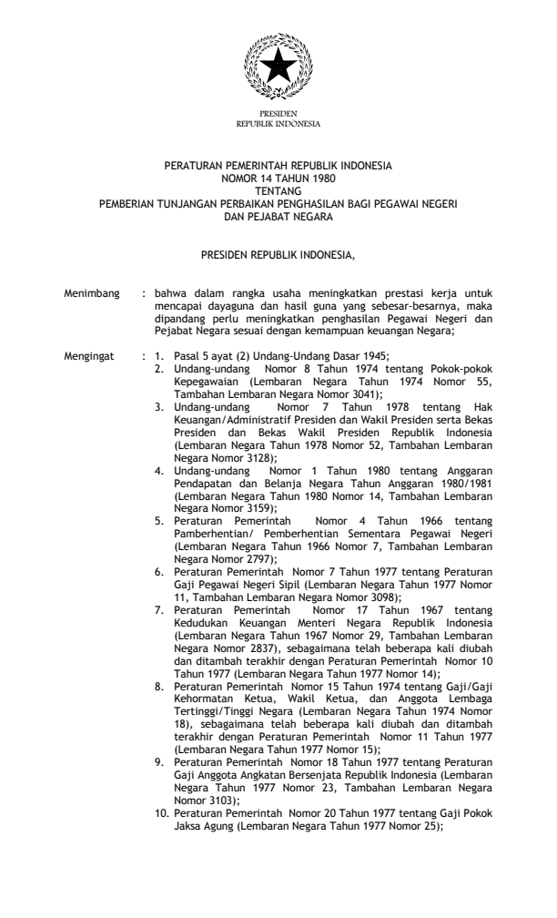 Peraturan Pemerintah Nomor 14 Tahun 1980