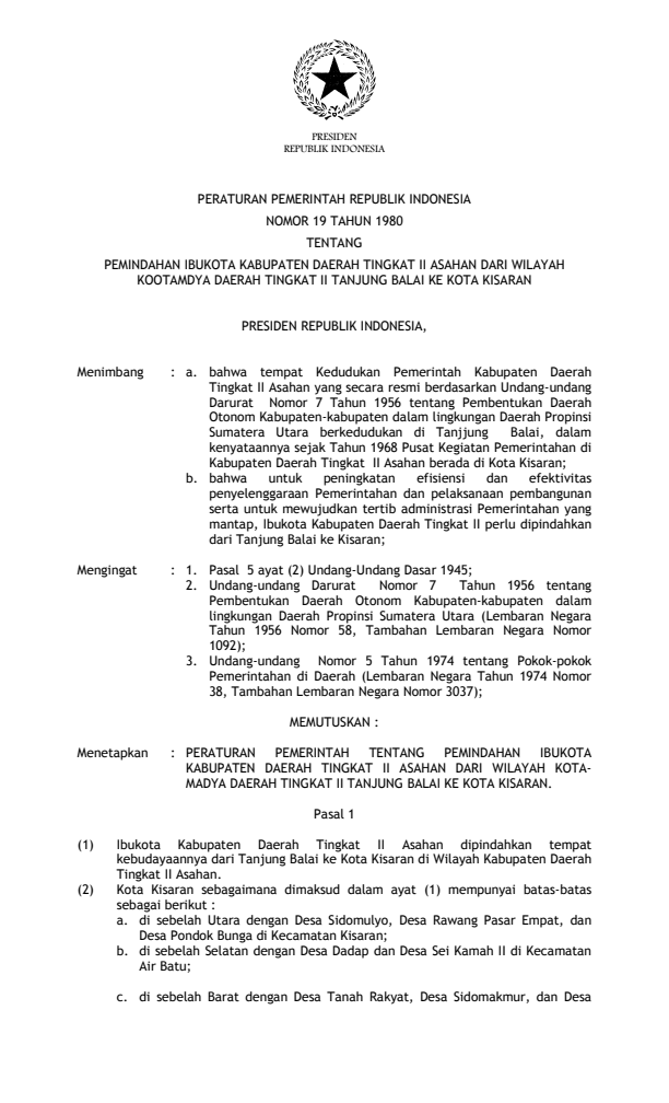 Peraturan Pemerintah Nomor 19 Tahun 1980