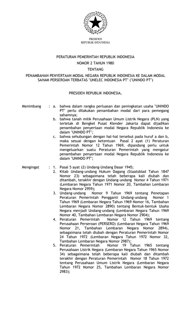 Peraturan Pemerintah Nomor 2 Tahun 1980