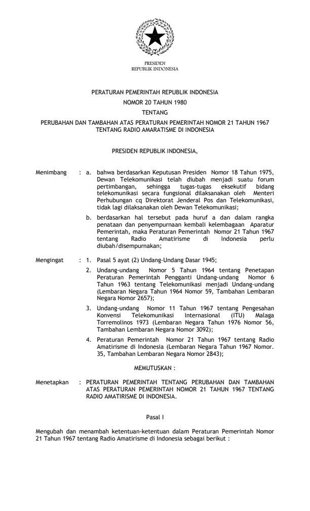 Peraturan Pemerintah Nomor 20 Tahun 1980