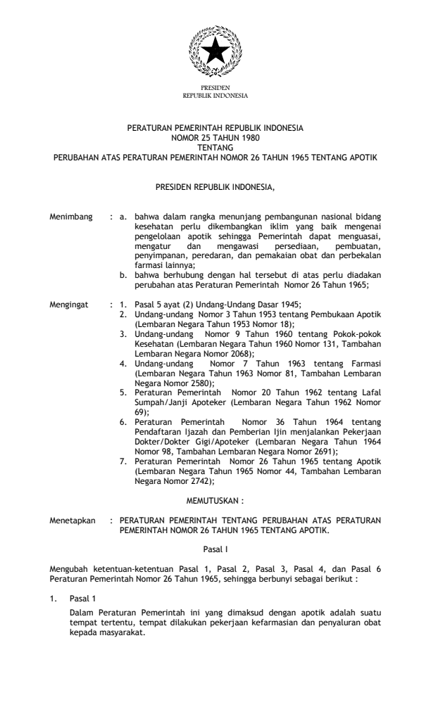 Peraturan Pemerintah Nomor 25 Tahun 1980