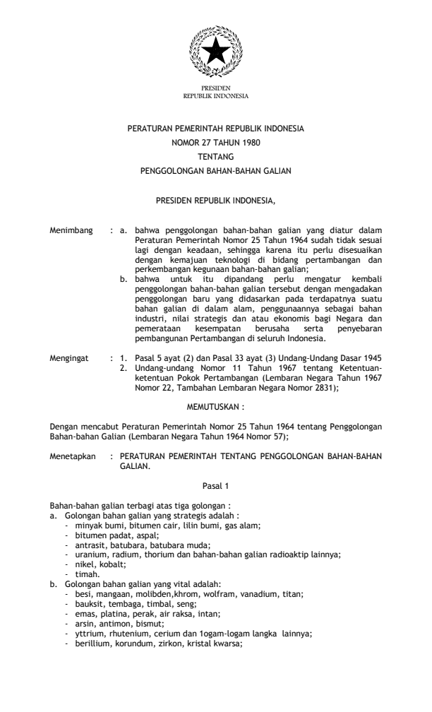 Peraturan Pemerintah Nomor 27 Tahun 1980