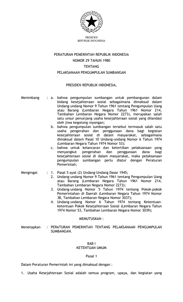 Peraturan Pemerintah Nomor 29 Tahun 1980