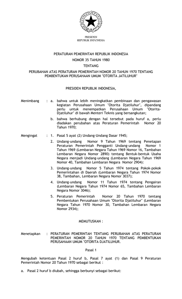 Peraturan Pemerintah Nomor 35 Tahun 1980