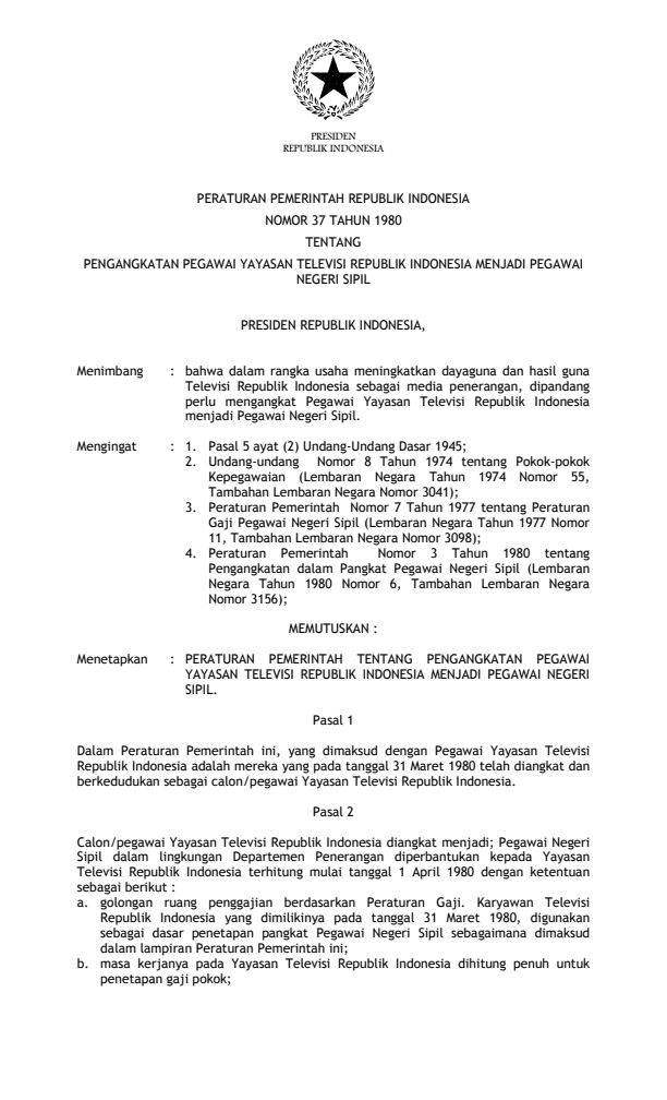 Peraturan Pemerintah Nomor 37 Tahun 1980