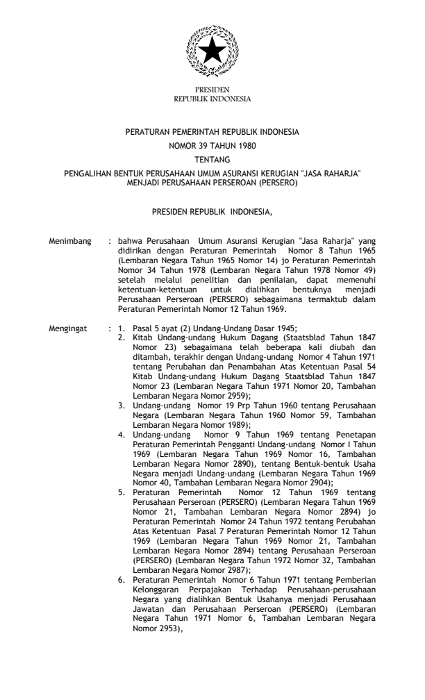 Peraturan Pemerintah Nomor 39 Tahun 1980