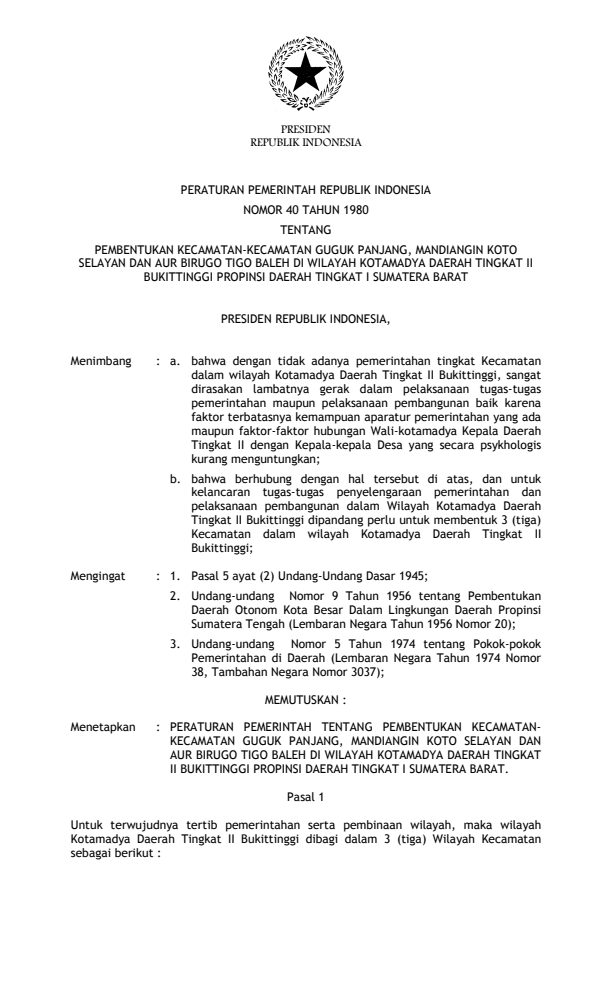 Peraturan Pemerintah Nomor 40 Tahun 1980