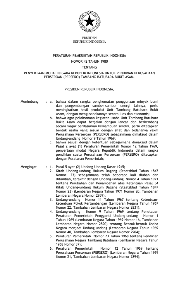 Peraturan Pemerintah Nomor 42 Tahun 1980