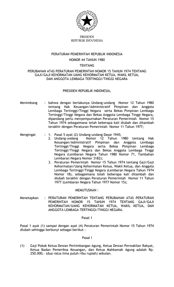 Peraturan Pemerintah Nomor 44 Tahun 1980