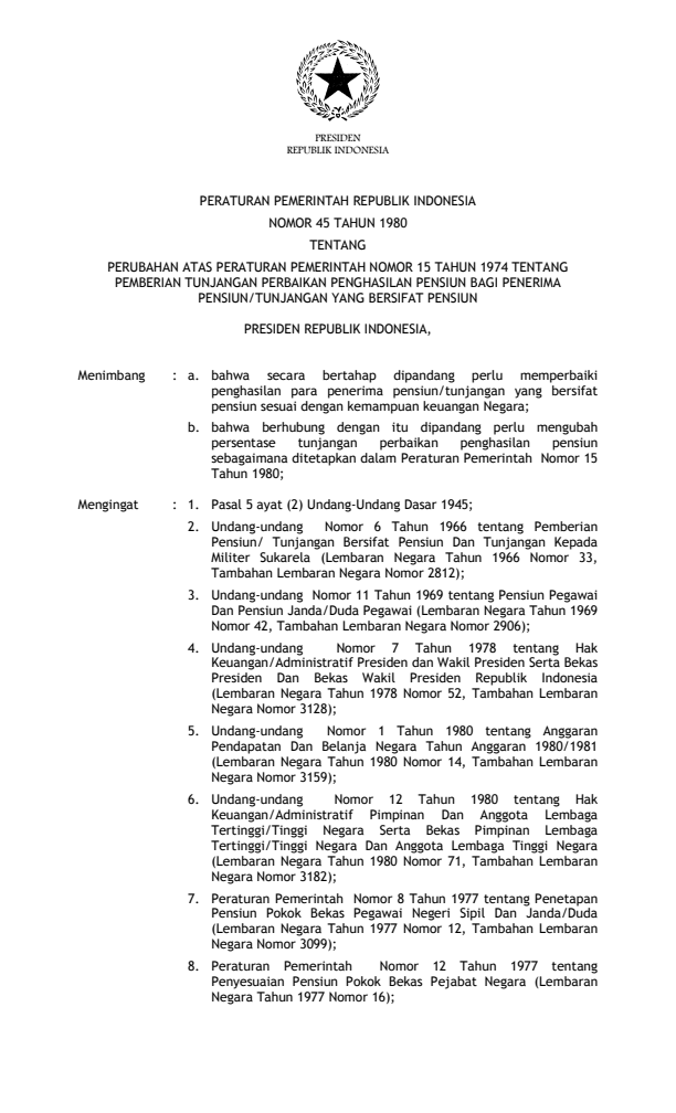 Peraturan Pemerintah Nomor 45 Tahun 1980