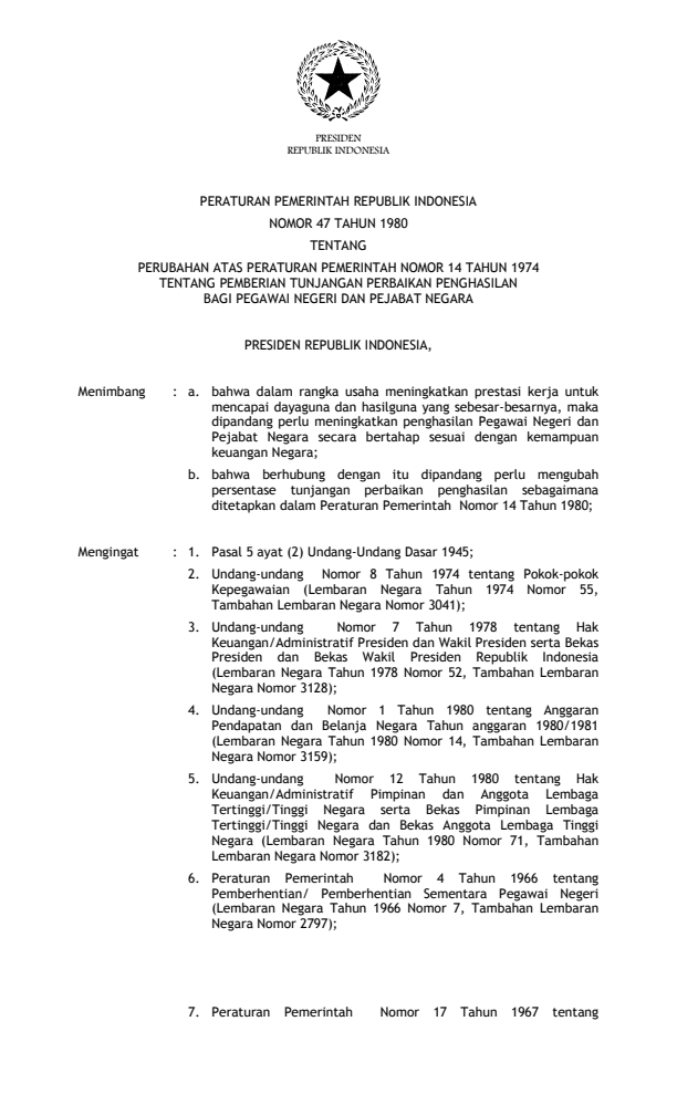 Peraturan Pemerintah Nomor 47 Tahun 1980