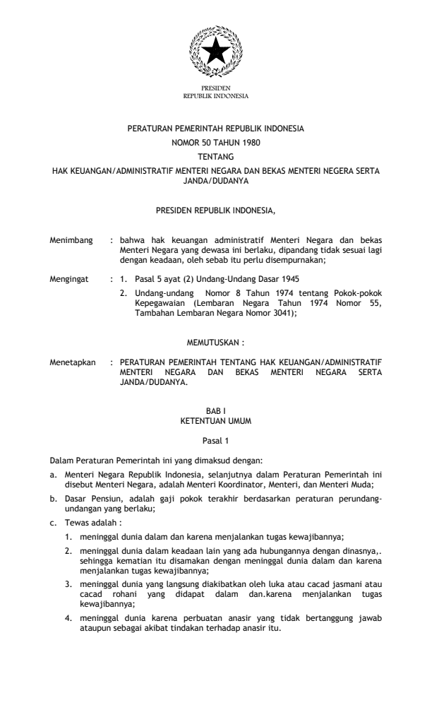 Peraturan Pemerintah Nomor 50 Tahun 1980