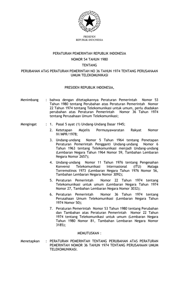 Peraturan Pemerintah Nomor 54 Tahun 1980