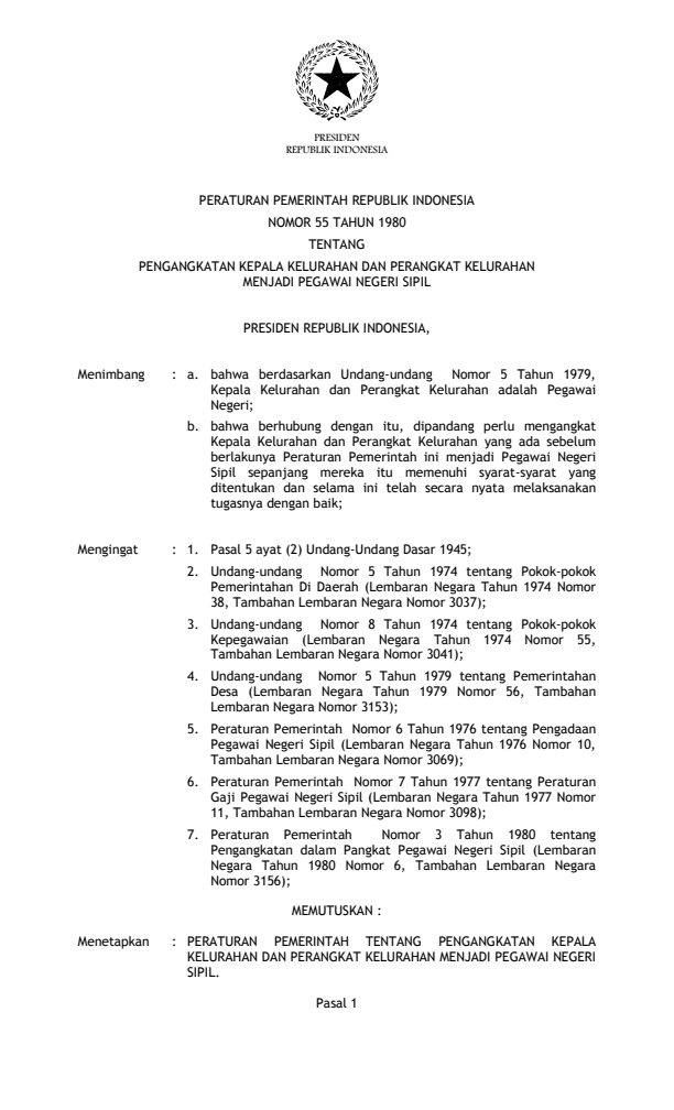 Peraturan Pemerintah Nomor 55 Tahun 1980