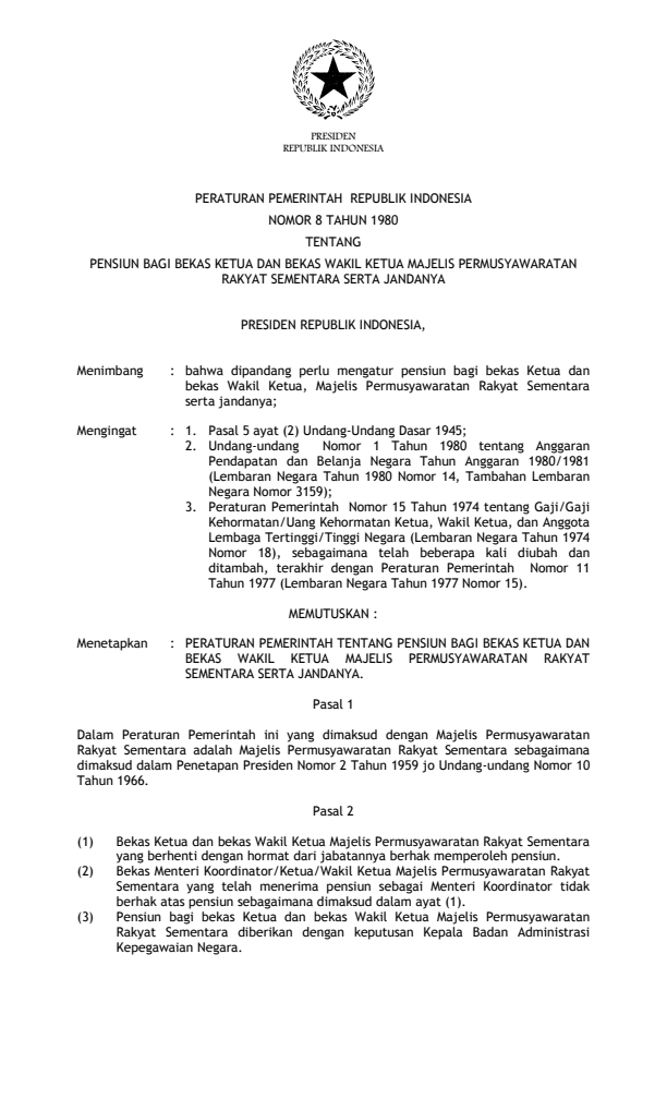 Peraturan Pemerintah Nomor 8 Tahun 1980